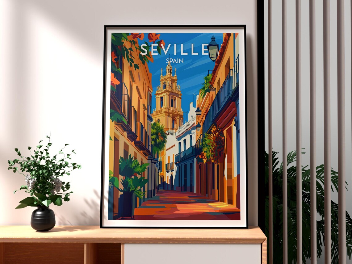 Seville Spain Golden Bell Tower Flower Lane Vintage Travel Poster