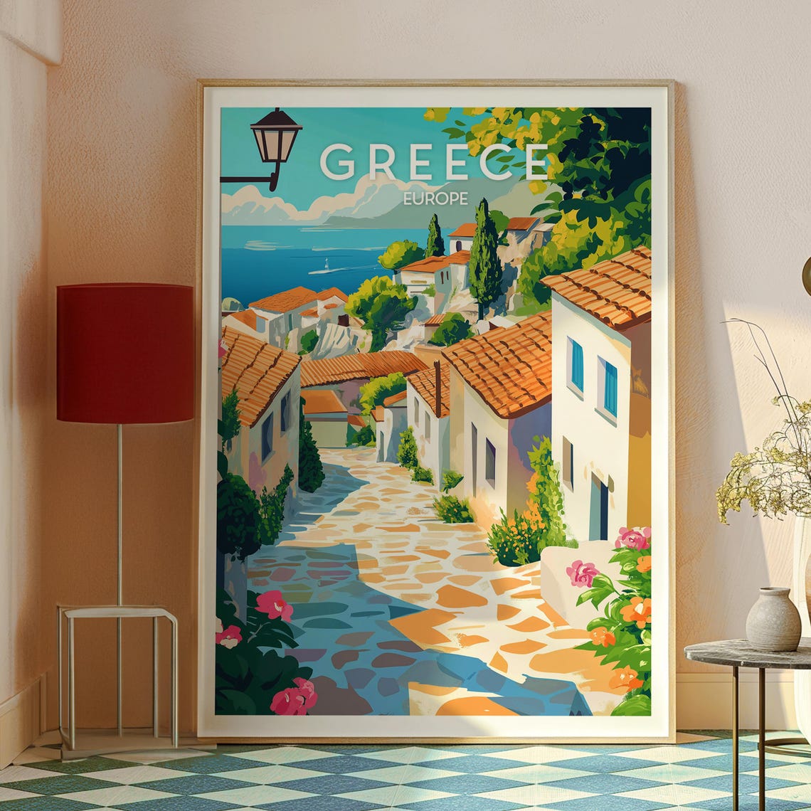 Greece Europe Hillside Village Cobbled Street Sea View Vintage Poster - Image 2