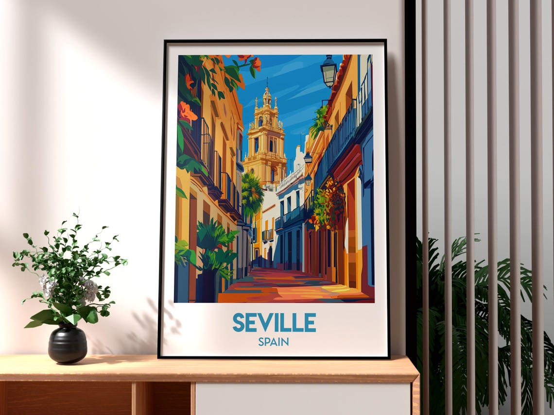 Seville Spain Old Town Street Giralda Tower Andalusia Travel Poster