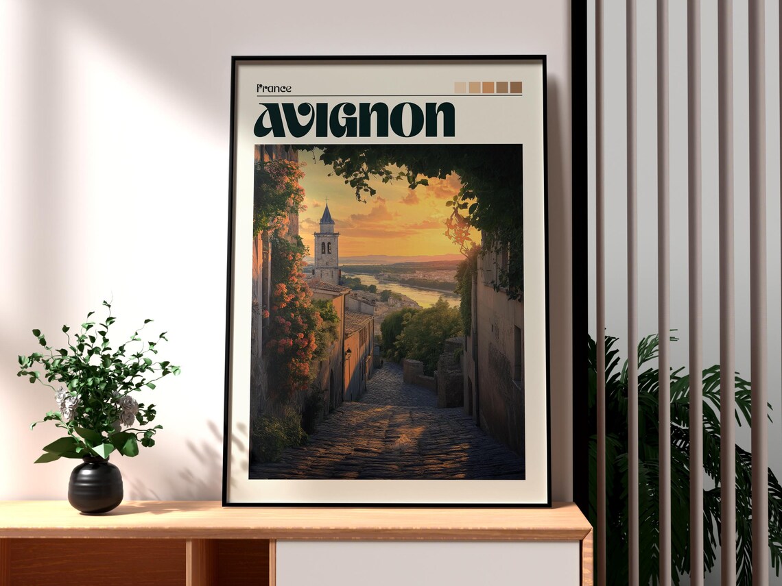 Avignon France Historic Old Town Alley Sunset Vintage Travel Poster