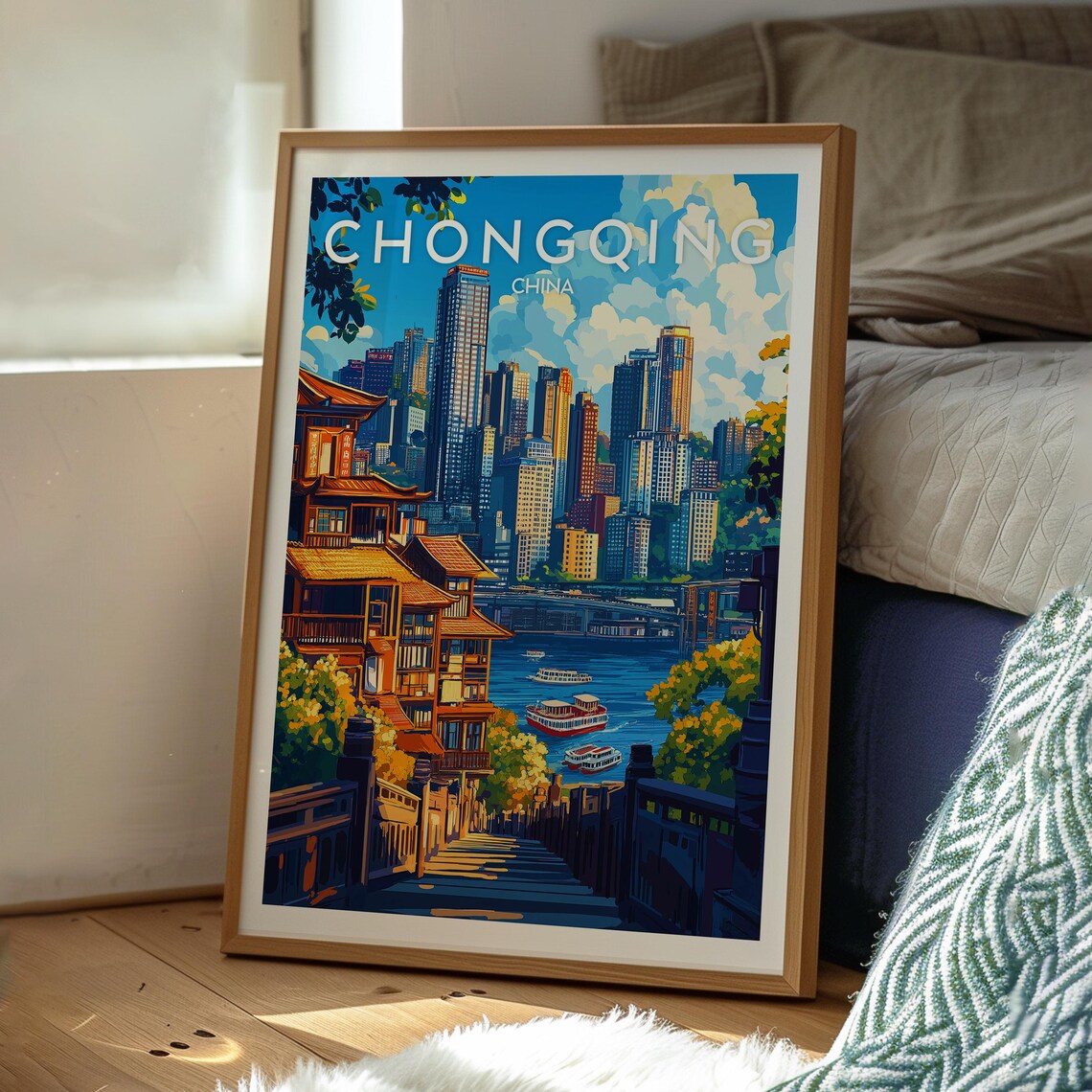 Chongqing China Riverside Skyline River Boats City Travel Poster - Image 3
