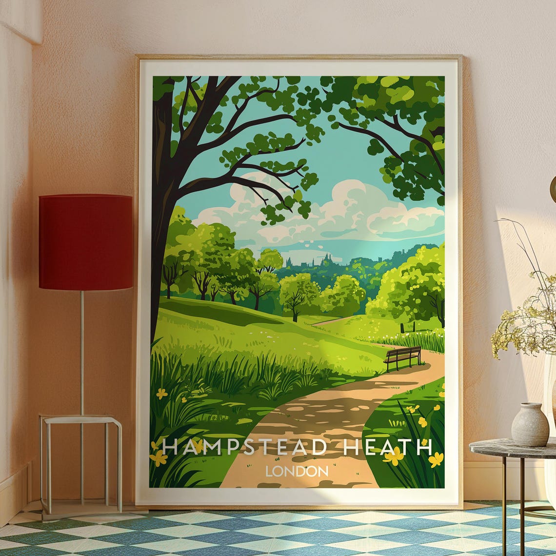 Hampstead Heath London Parkland Path Bench Daffodil Art Poster - Image 2