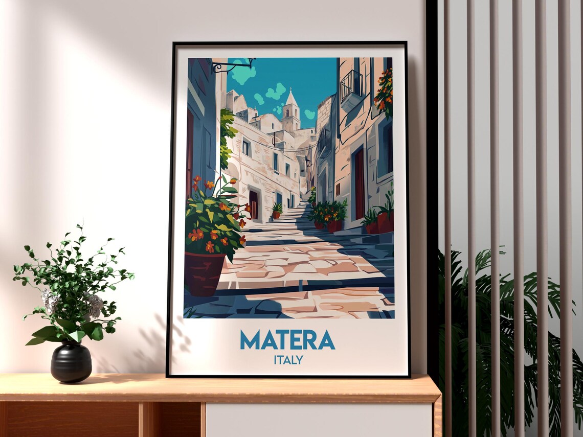 Matera Italy Ancient Stone Alley Old Town Flower Travel Poster