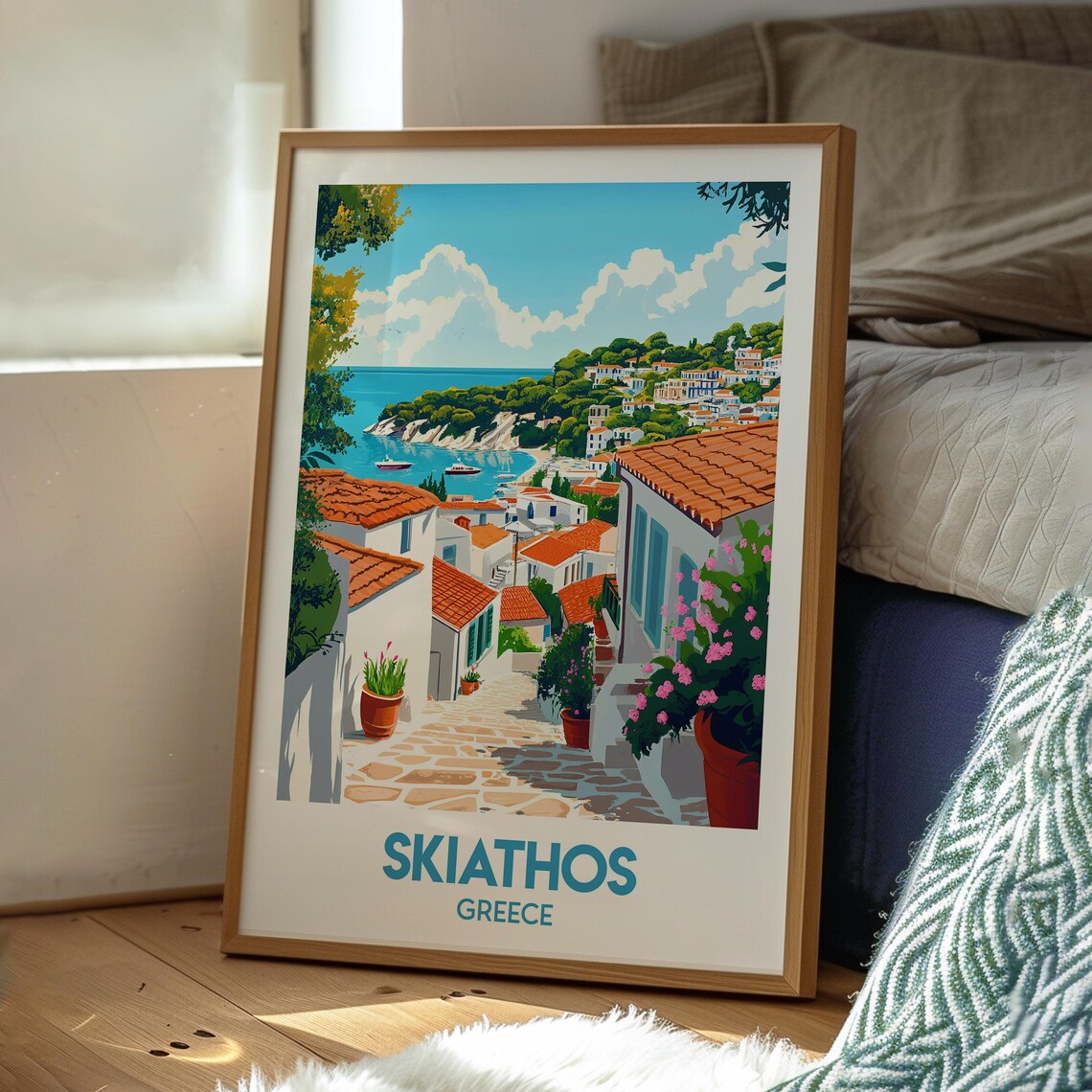 Skiathos Greece White Village Island Harbor View Travel Poster - Image 3