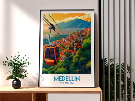 Medellin Colombia Cable Car Hillside City Sunset Panorama Travel Poster