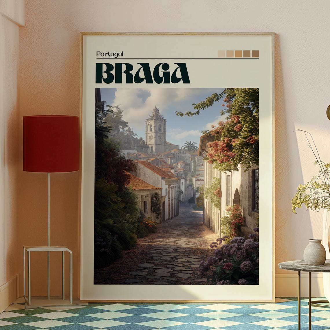 Braga Portugal Cobblestone Street Bell Tower Old Town Poster - Image 2