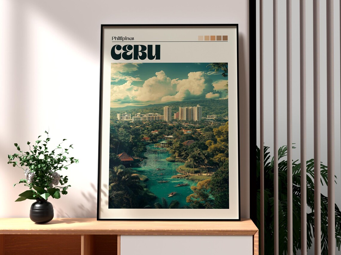 Cebu Philippines City Skyline Tropical Lagoon Island Travel Poster