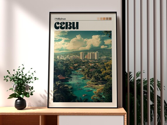 Cebu Philippines City Skyline Tropical Lagoon Island Travel Poster