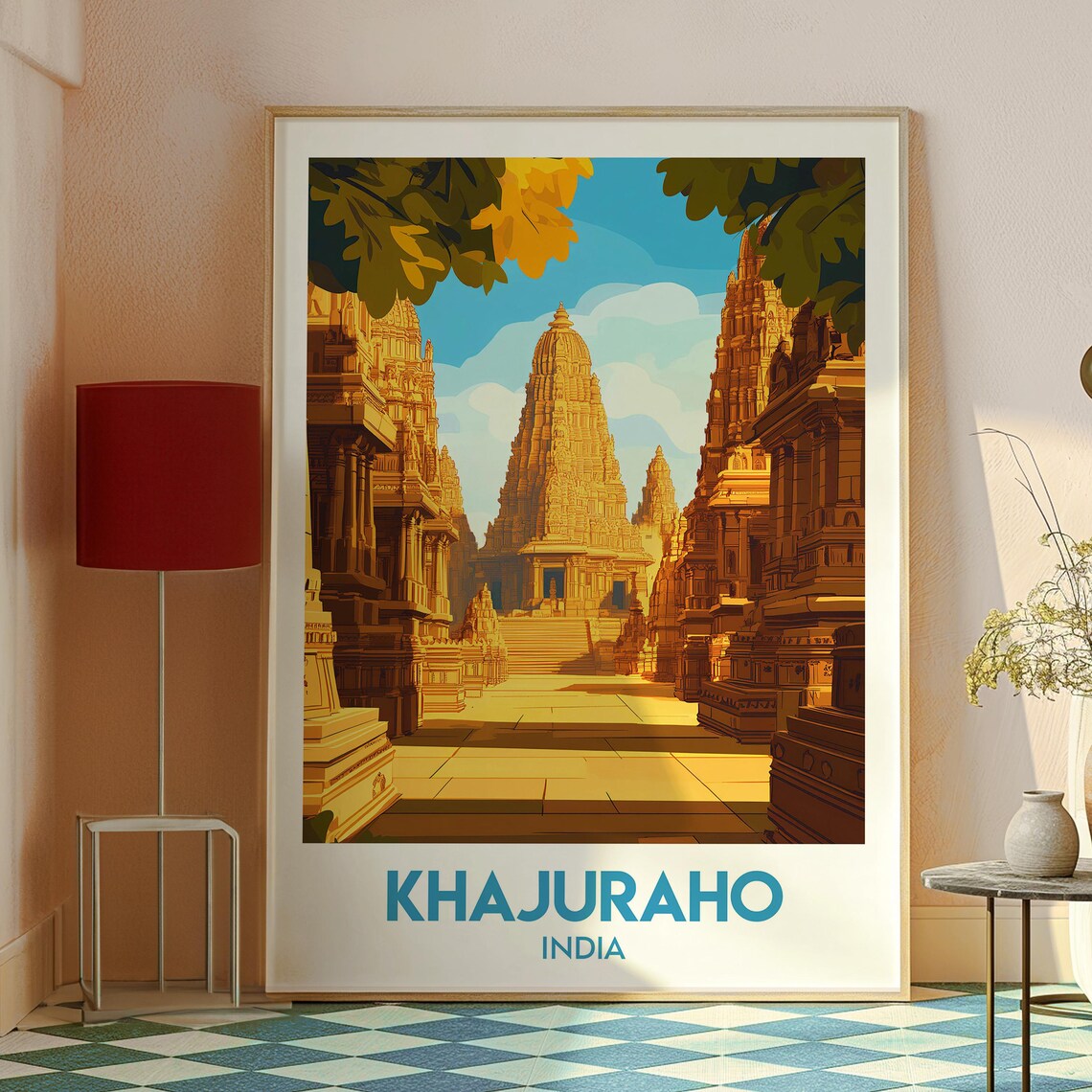 Khajuraho India Golden Ancient Temple Street Vintage Travel Art Poster - Image 2