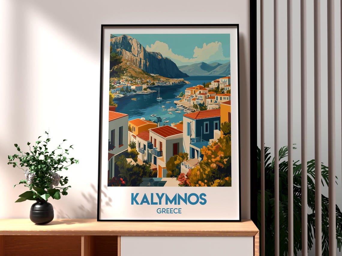 Kalymnos Greece Island Harbor Cliffside Village Sailboat Poster