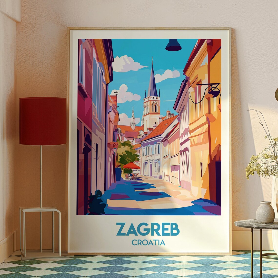 Zagreb Croatia Old Town Street Colorful Church Spire Travel Poster - Image 2