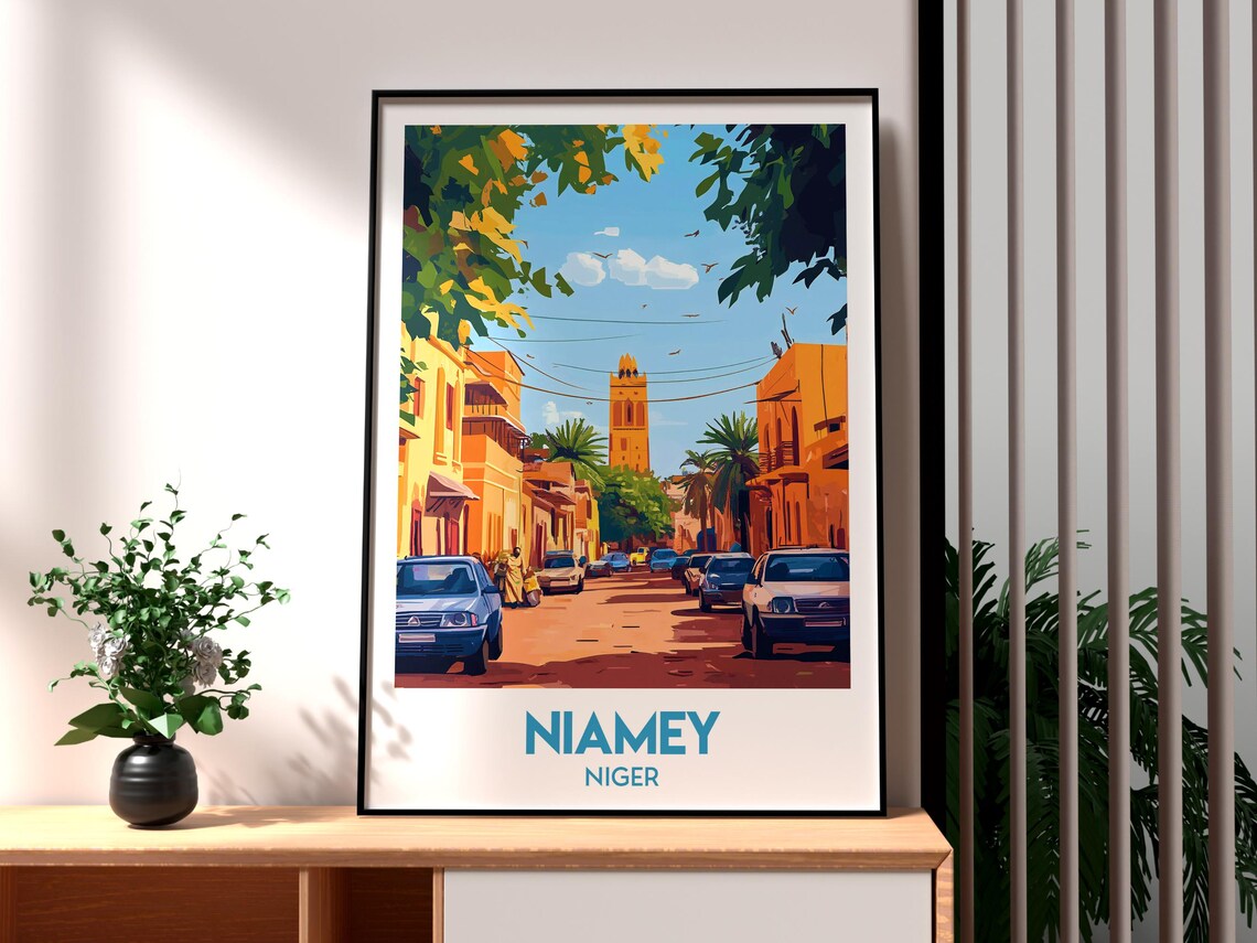 Niamey Niger Sunlit City Street Tall Minaret Retro Travel Poster