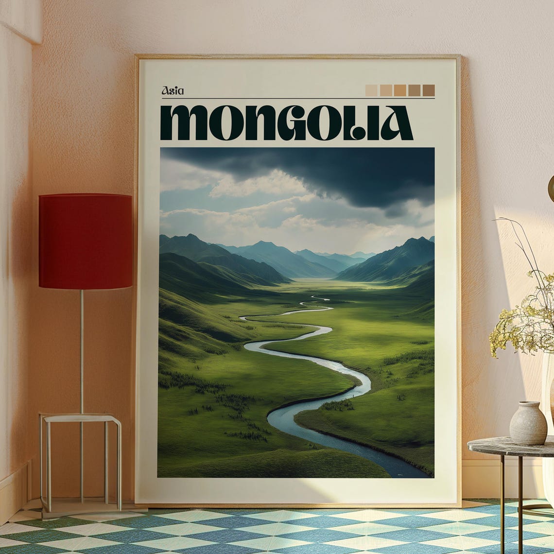 Mongolia Asia Winding River Green Valley Mountain View Poster - Image 2