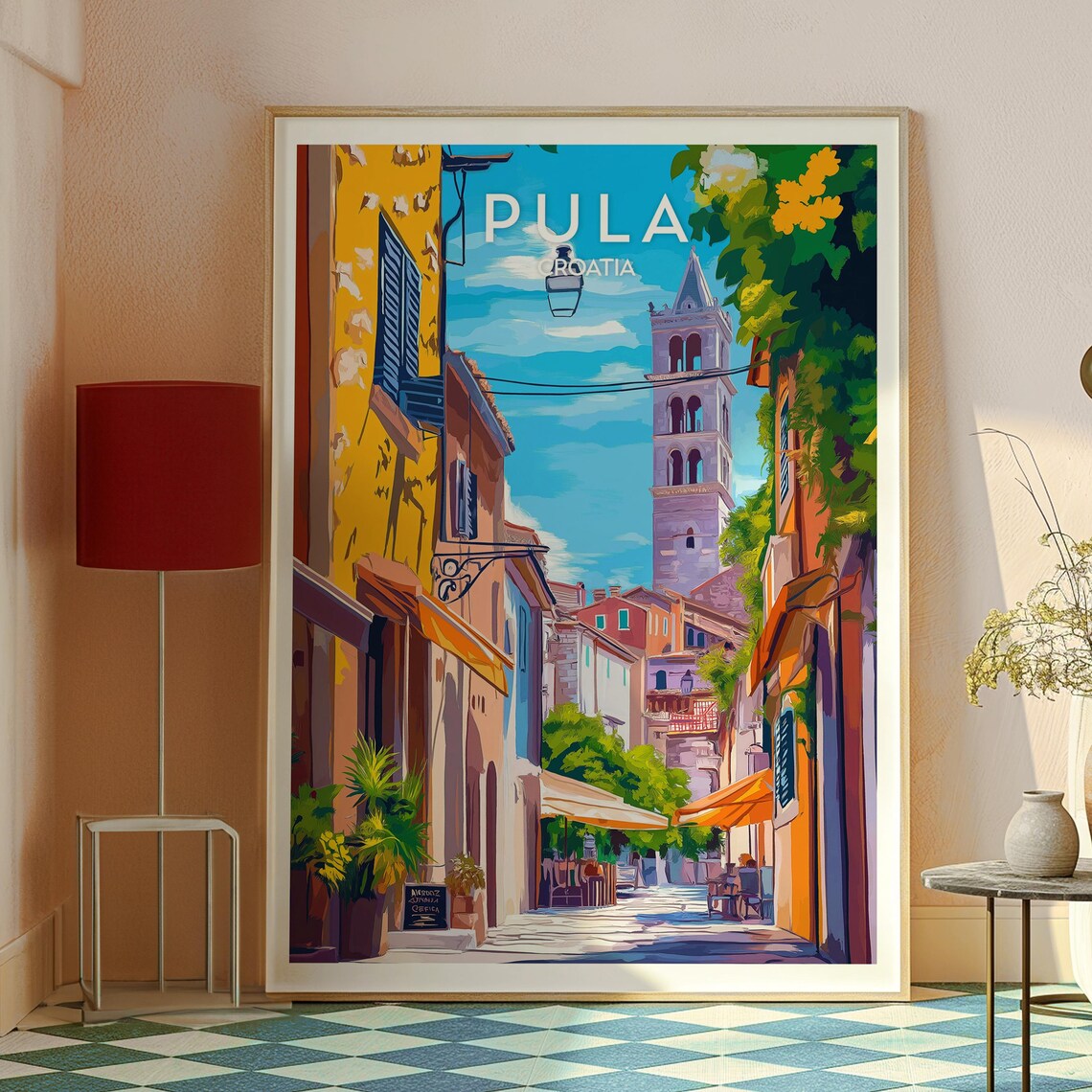 Pula Croatia Old Town Bell Tower Cafe Street Sunny Art Poster - Image 2