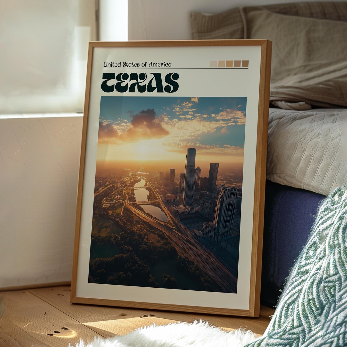 Texas USA Downtown Skyline Sunset Aerial Retro Travel Poster - Image 3