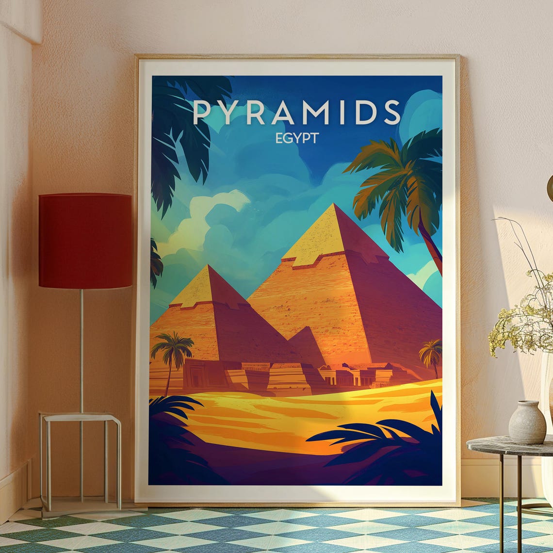 Giza Pyramids Egypt Desert Palm Silhouettes Golden Sky Poster - Image 2