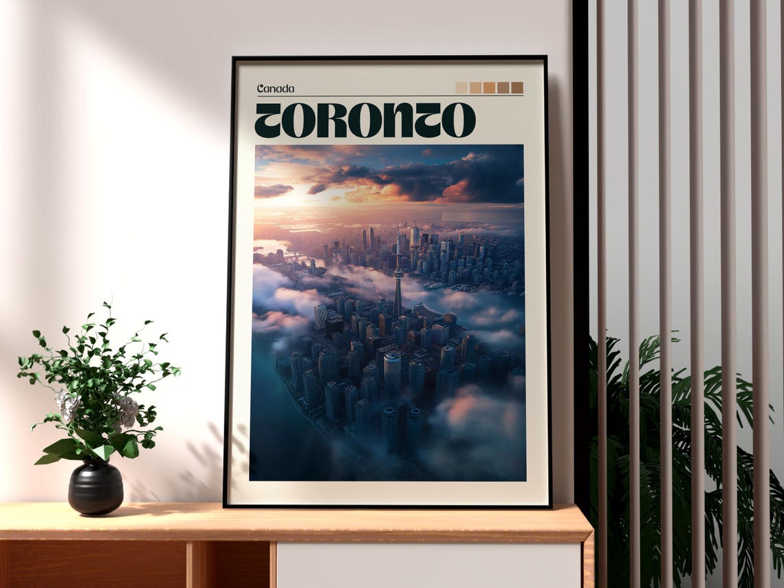Toronto Canada CN Tower Aerial Skyline Sunset Clouds Travel Poster