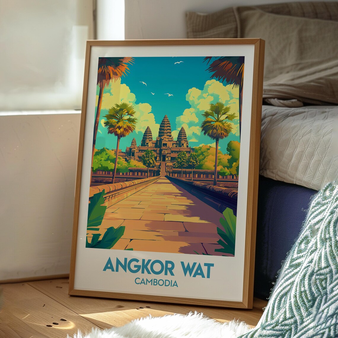 Angkor Wat Cambodia Ancient Temple Causeway Palm Trees Travel Poster - Image 3