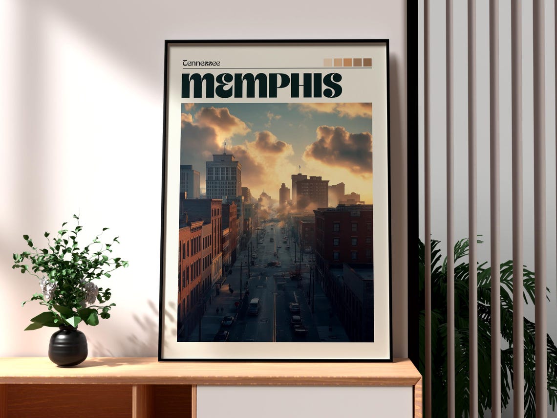 Memphis Tennessee Downtown Street Sunset Cityscape Art Poster