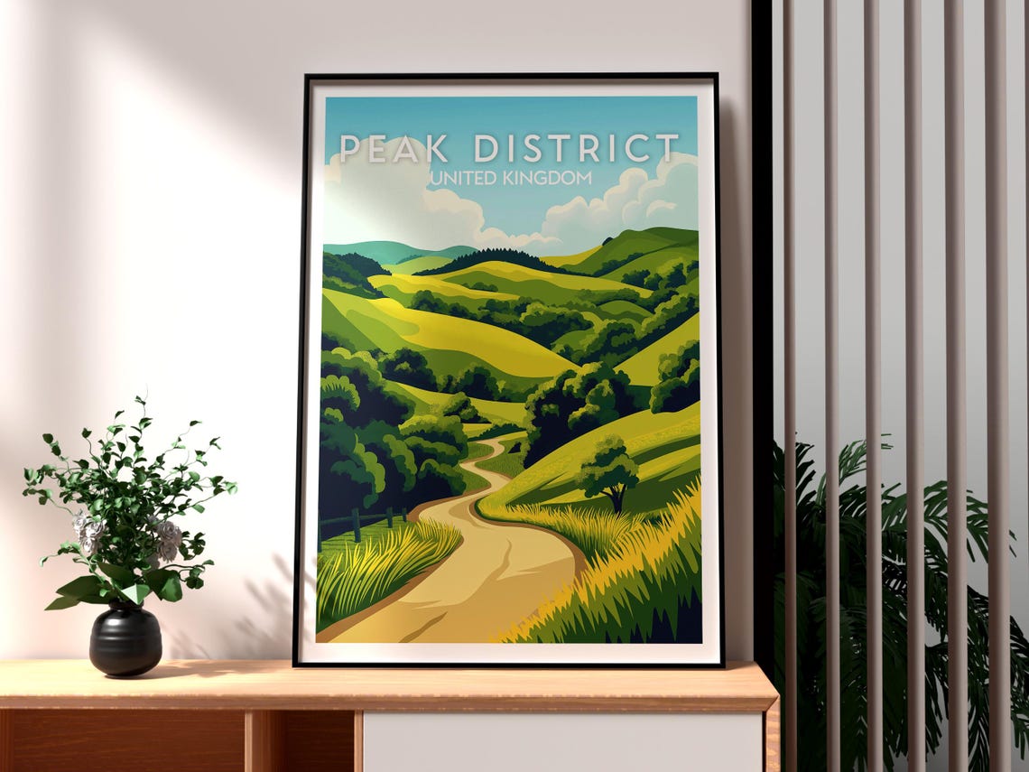 Peak District UK Rolling Green Hills Country Trail Walk Poster