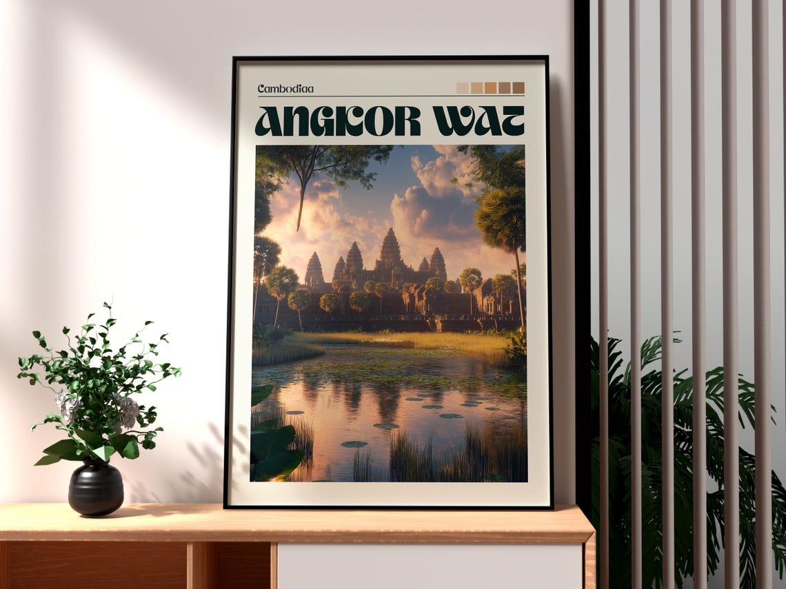 Angkor Wat Cambodia Sunset Temple Reflection Vintage Travel Poster