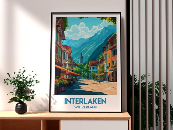Interlaken Poster Swiss Alps Print Wall Art Switzerland Skiing Harder Kulm