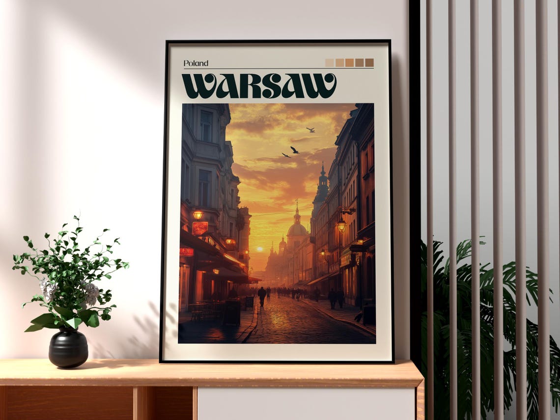 Warsaw Poland Old Town Street Sunset Domes Historic View Art Poster