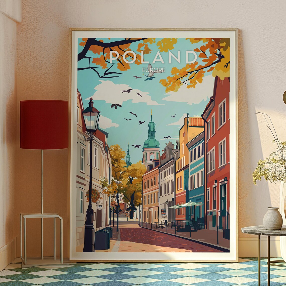 Poland Europe Autumn Street Golden Leaves Church Towers Travel Poster - Image 2