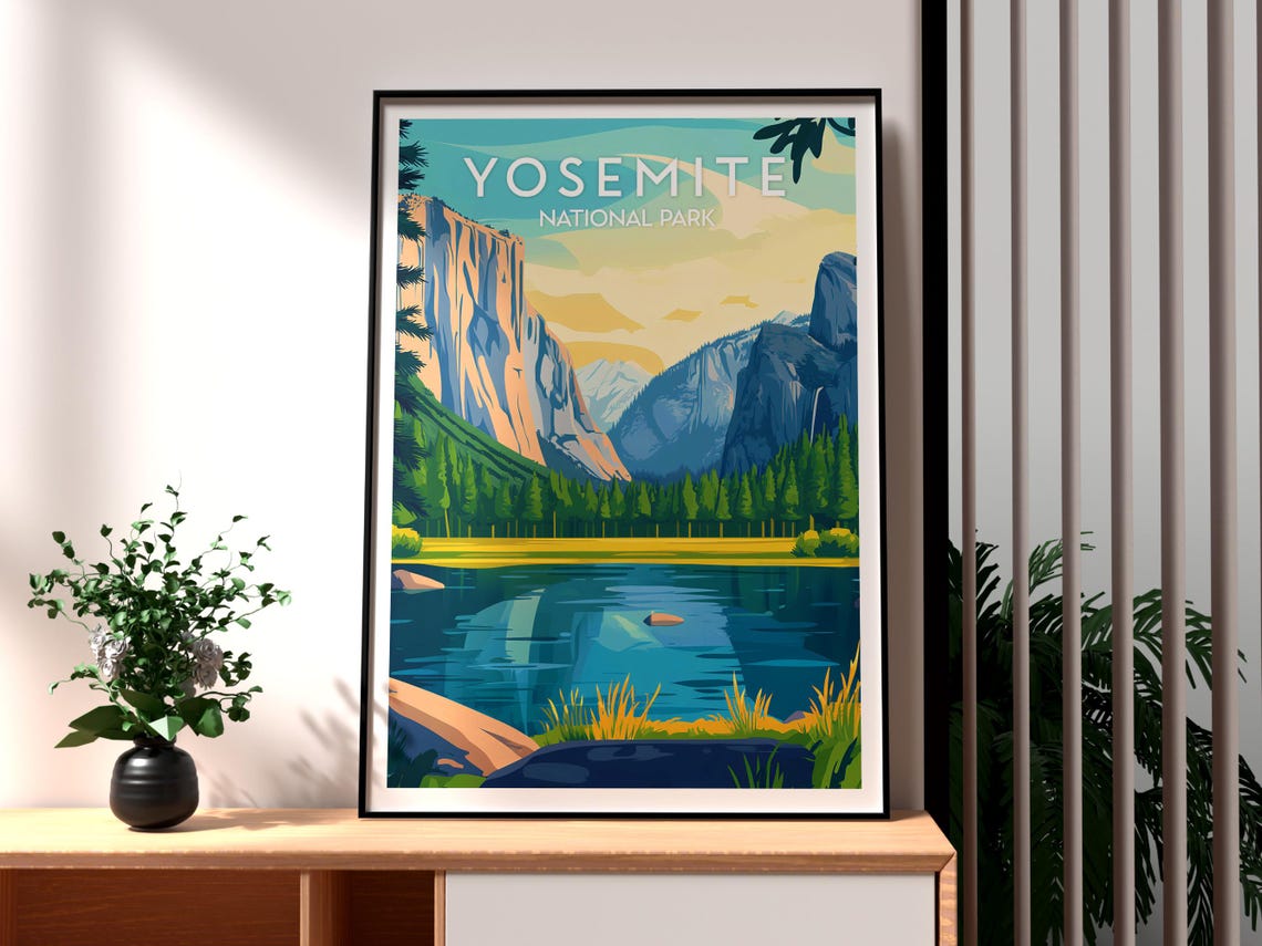 Yosemite National Park Granite Cliffs Valley Sunset Illustrated Poster