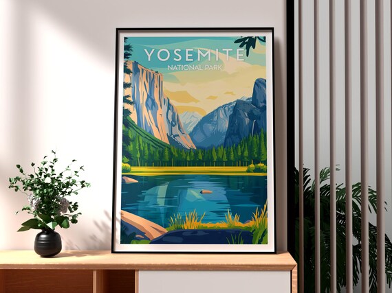 Yosemite National Park Granite Cliffs Valley Sunset Illustrated Poster