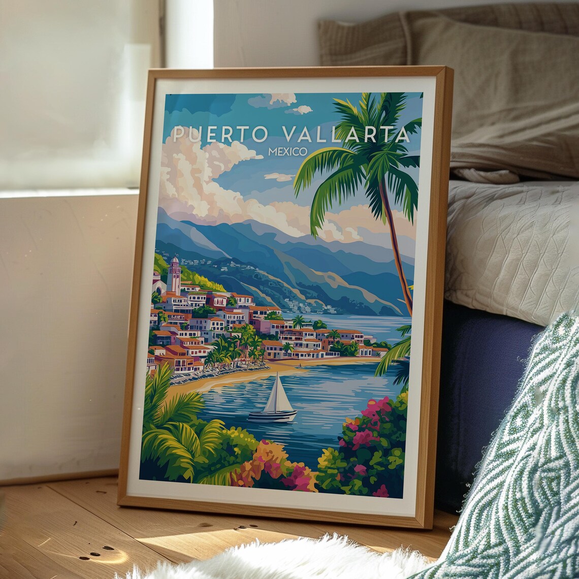 Puerto Vallarta Mexico Tropical Bay Palms Beach Scene Art Poster - Image 3