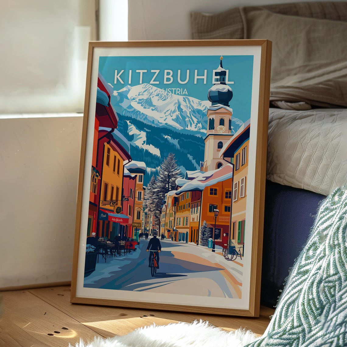 Kitzbuhel Austria Snowy Alpine Street Church Tower Travel Poster - Image 3