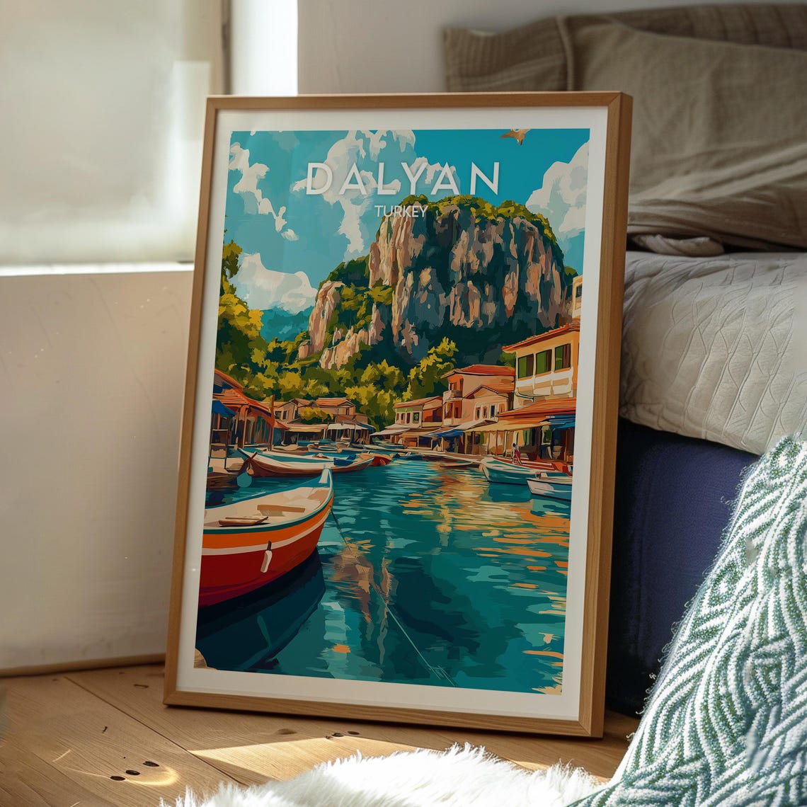 Dalyan Turkey Harbor Boats Rock Cliffs Riverside Travel Poster - Image 3