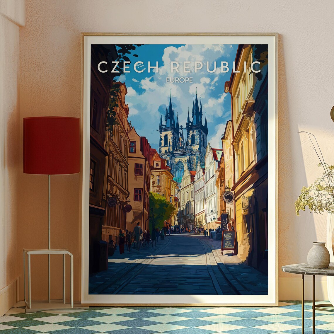 Czech Republic Old Town Gothic Twin Spire Church Street Travel Poster - Image 2