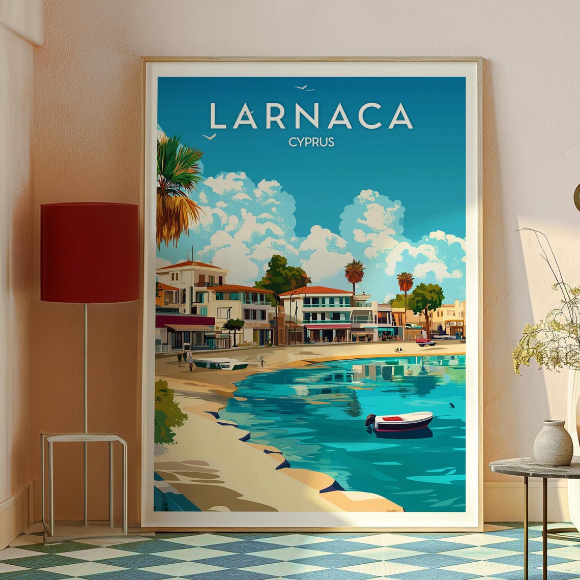Larnaca Cyprus Beachfront Palm Trees Turquoise Sea Travel Poster - Image 2