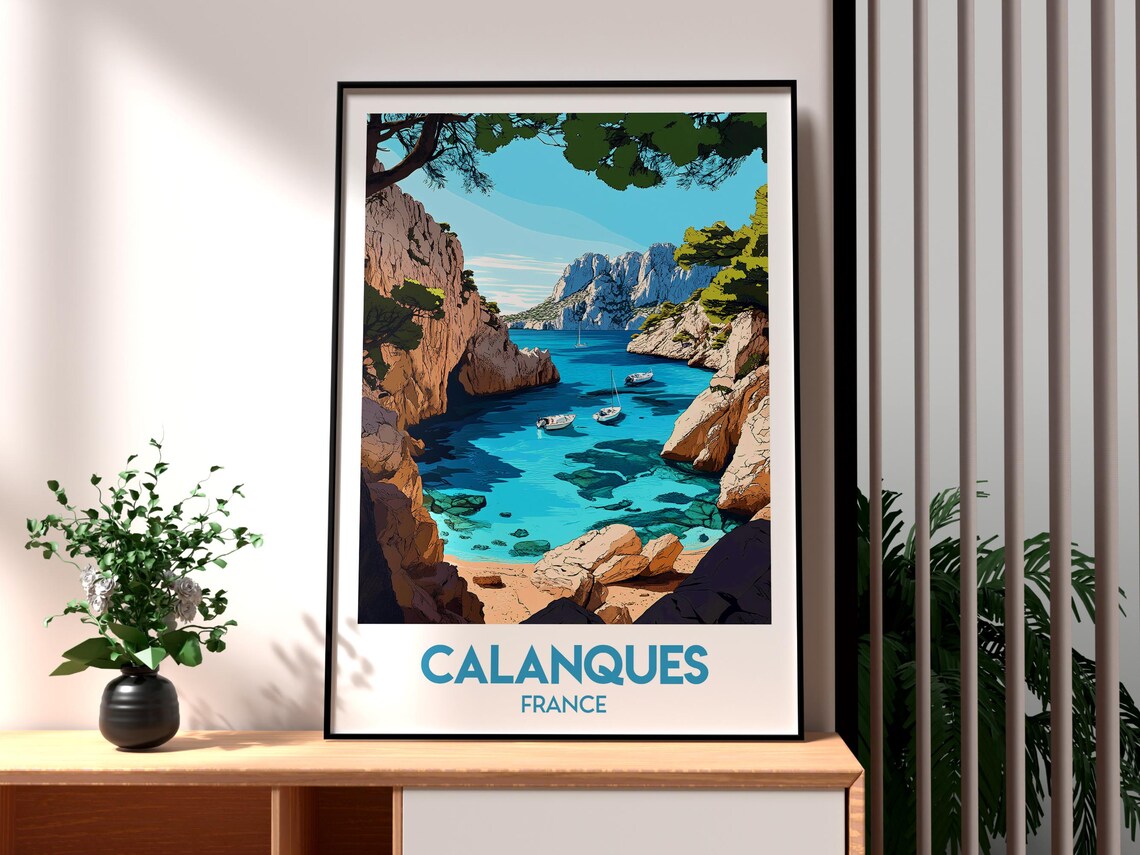 Calanques France Turquoise Cove Sailboats Cliffs Travel Poster
