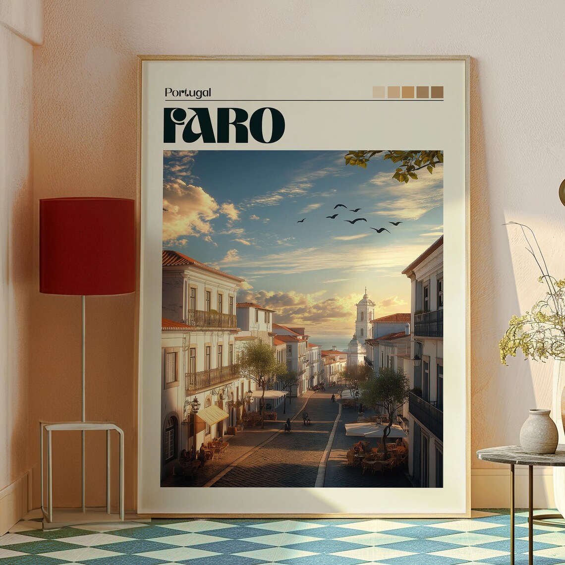 Faro Portugal Old Town Sunset Street Church Tower Travel Poster - Image 2
