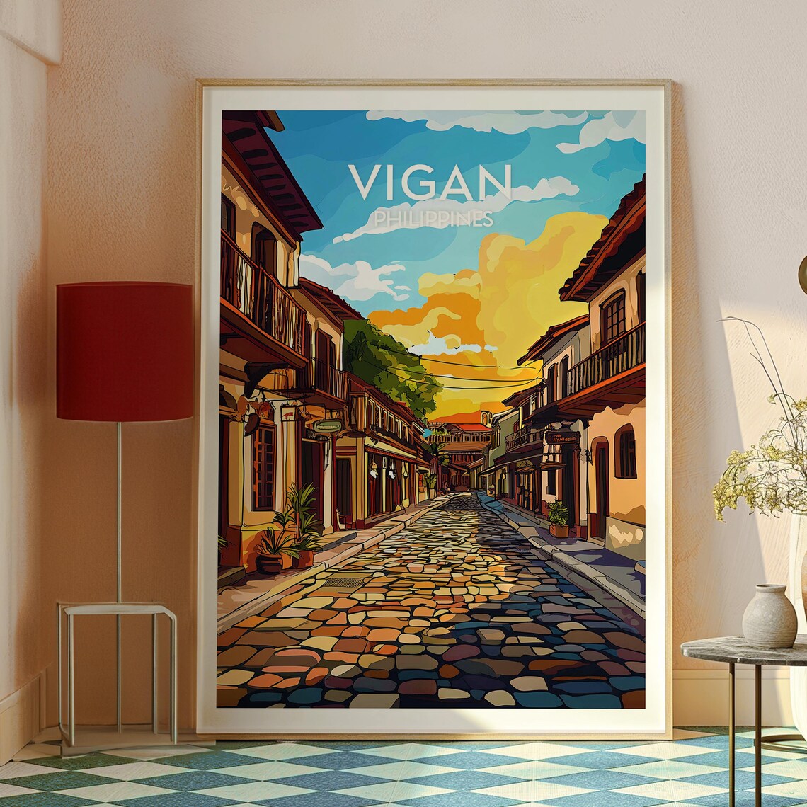 Vigan Philippines Spanish Colonial Cobblestone Street Sunset Travel Poster - Image 2