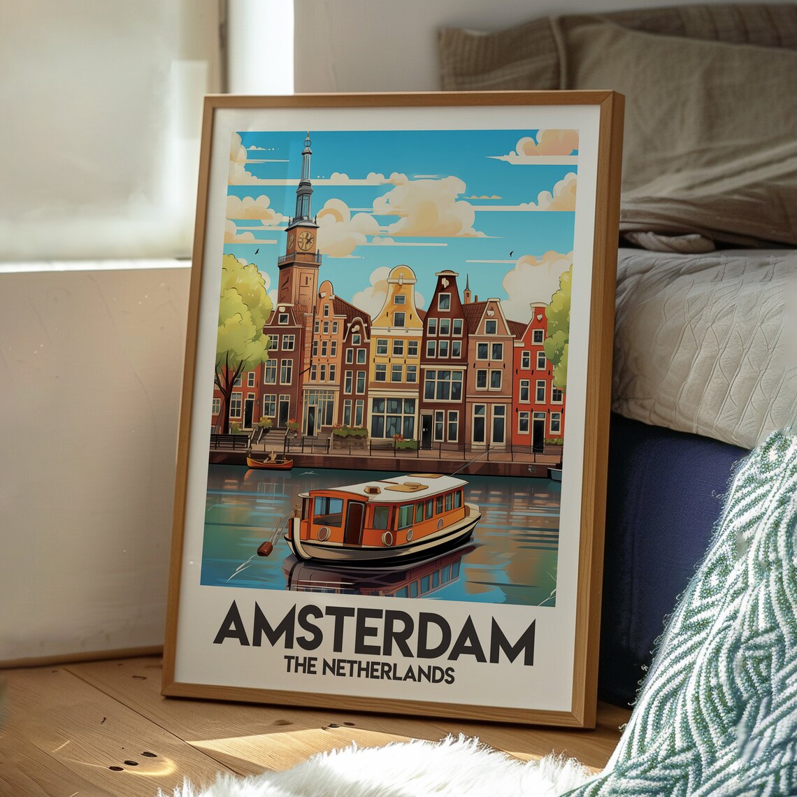 Amsterdam Netherlands Canal Houses And Boat Vintage Travel Poster - Image 3