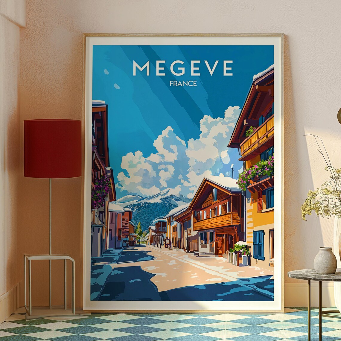 Megeve France Snowy Alpine Town Street Vintage Travel Art Poster - Image 2
