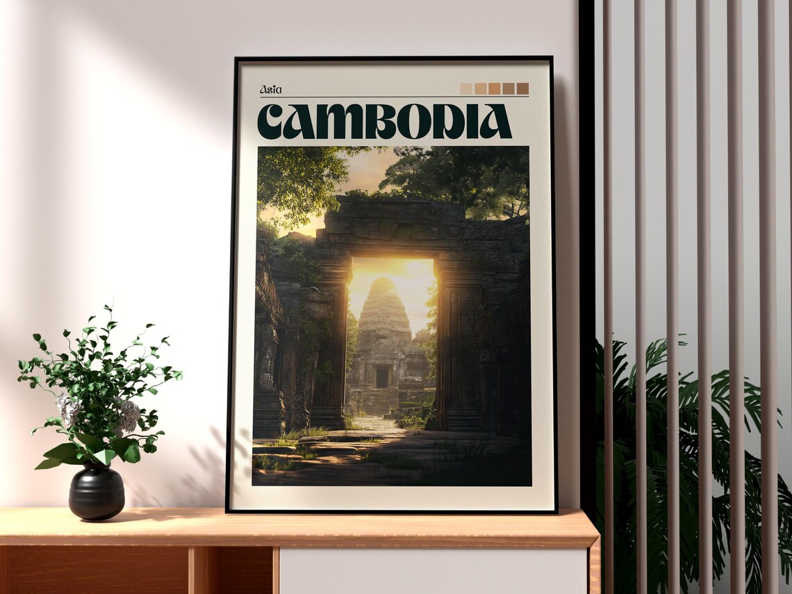 Cambodia Asia Ancient Stone Temple Gate Sunset Glow Travel Poster