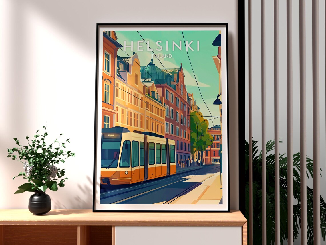 Helsinki Finland Tram Street Vintage Illustration Travel Poster