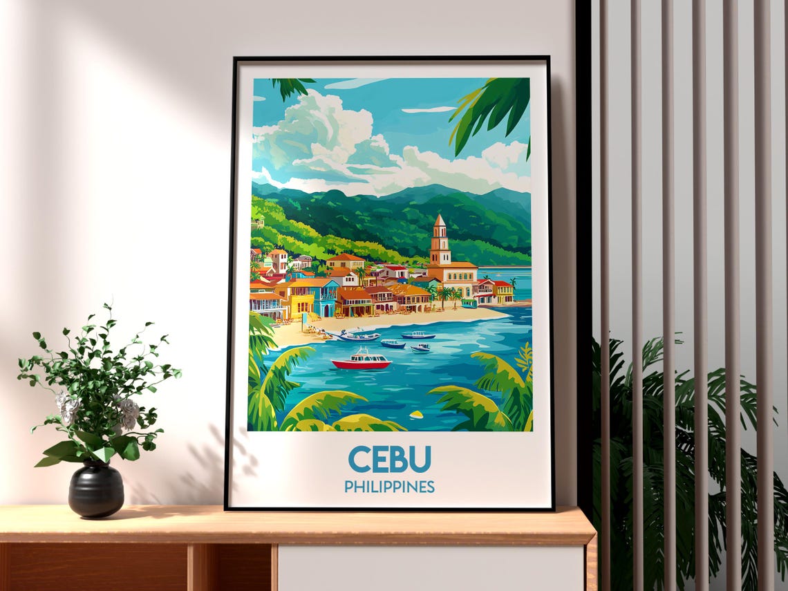Cebu Philippines Seaside Town Church Harbor Boats Travel Poster