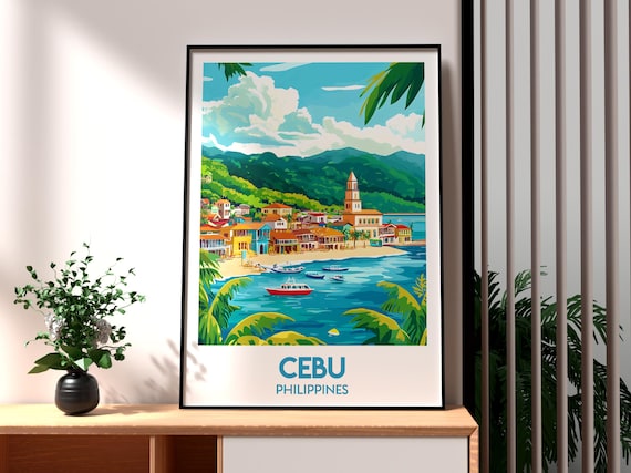 Cebu Philippines Seaside Town Church Harbor Boats Travel Poster