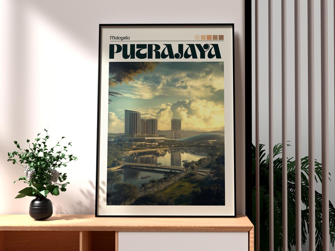 Putrajaya Malaysia Modern Skyline Lake Sunset Retro Travel Poster