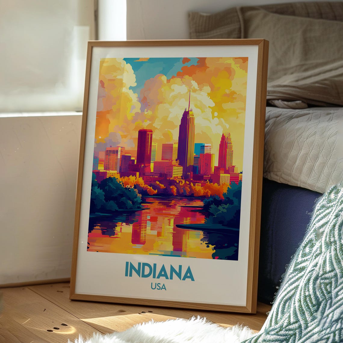 Indiana USA City Skyline Sunset River Reflection Vintage Travel Poster - Image 3