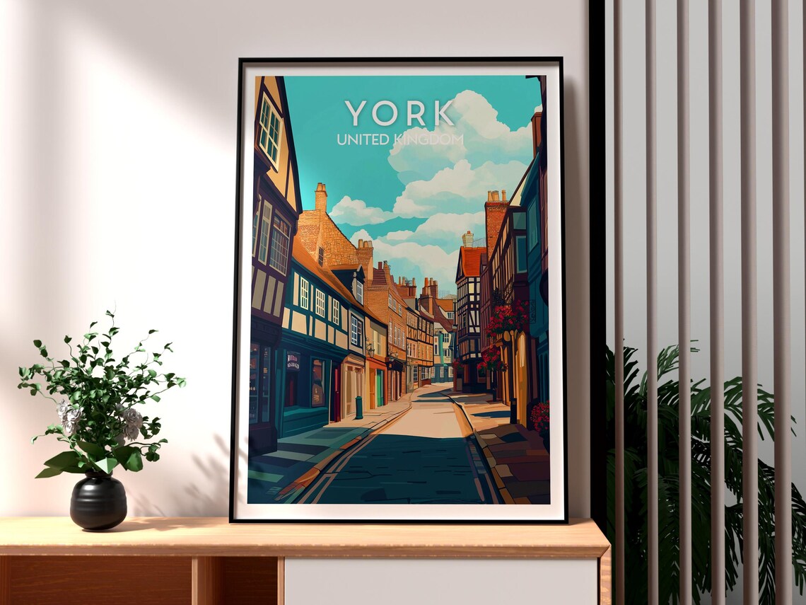 York United Kingdom Historic Timber Street Scene Travel Poster