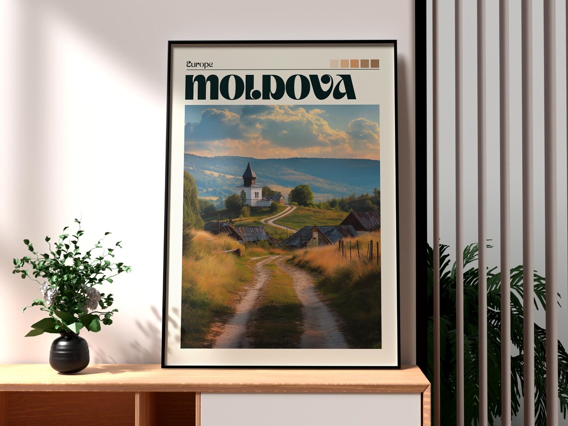 Moldova Europe Countryside Village Church Golden Field Poster