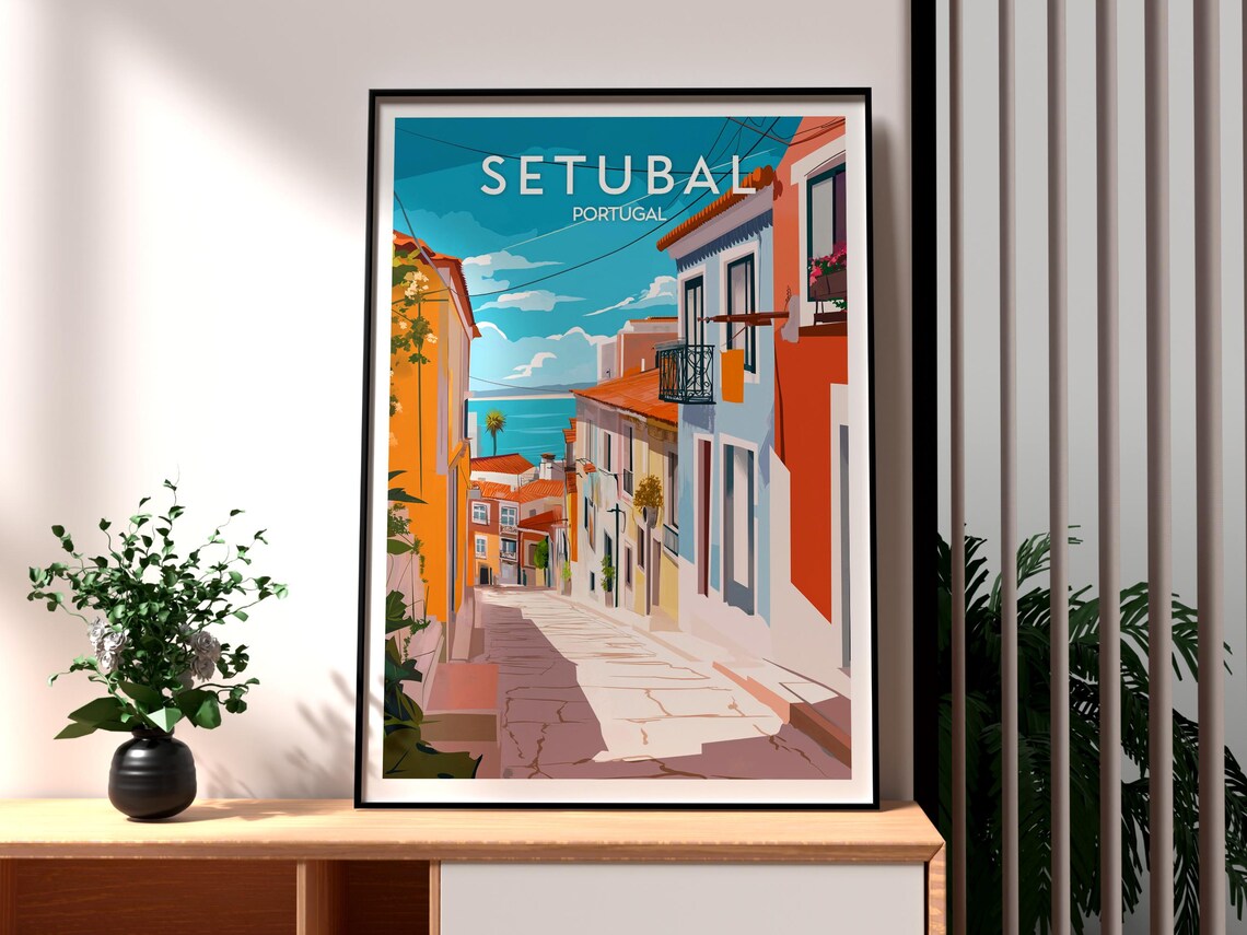 Setubal Portugal Old Town Street Sea View Retro Travel Poster