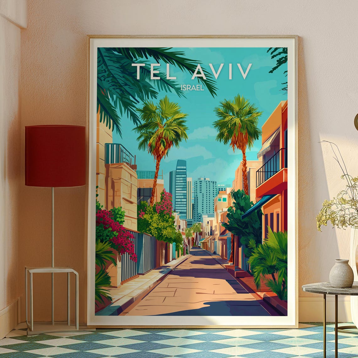 Tel Aviv Israel Palm Lined Street Skyline Vintage Travel Poster - Image 2